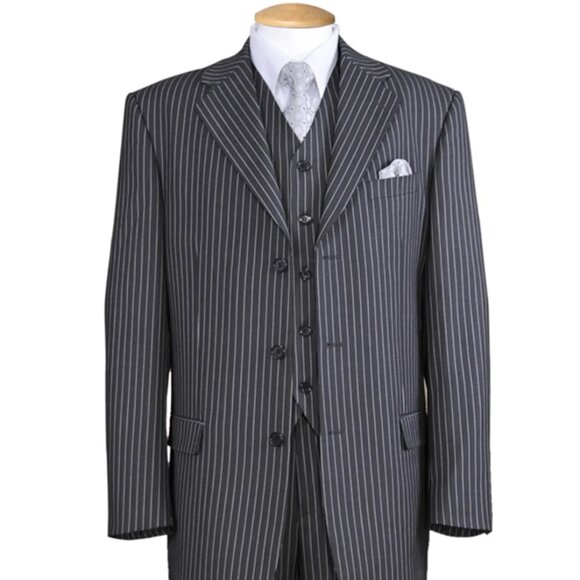 Mens 3 Button Notch Lapel Bold Pinstripe Suit in Grey - Picture 1 of 2